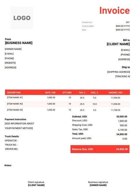 FREE Trucking Invoice Templates Word Excel PDF