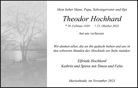 Traueranzeigen Von Theodor Hochhard Wirtrauern