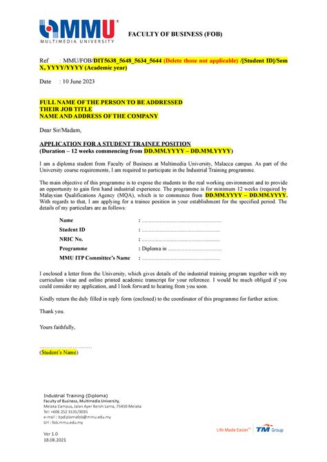 Application Letter Industrial Training Mmu Studocu