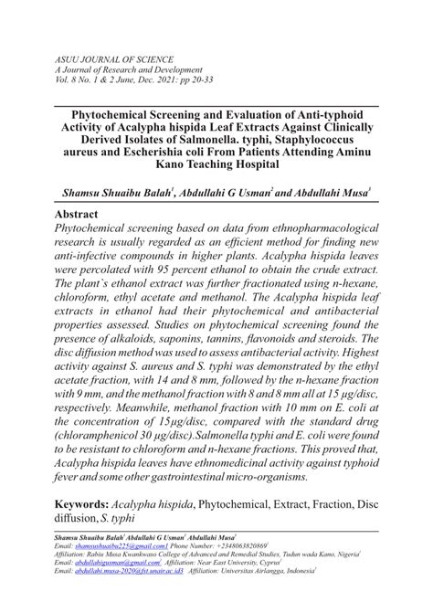 PDF Phytochemical Screening And Evaluation Of Anti Typhoid Activity