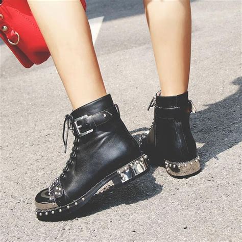 Genuine Leather Punk Rock Boots Women Square Heels Ankle Shoes With