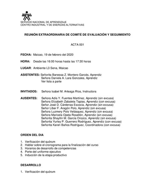 Como Redactar Un Acta De Reunion Ejemplo Ejemplo Inte