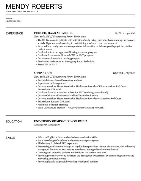 Emergency Room Technician Resume Samples | Velvet Jobs