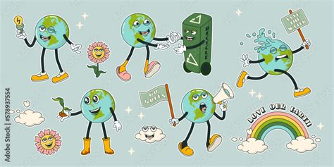 Vetor De Retro Earth Cartoon Character Planet Stickers In Trendy Retro