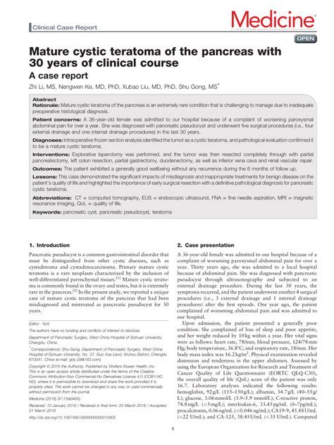 PDF Mature Cystic Teratoma Of The Pancreas With 30 Years Of Clinical