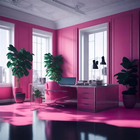 Premium AI Image | A pink office with a desk and a laptop on it.