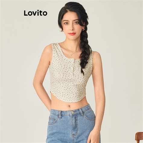 Lovito Women Casual Ditsy Floral Round Button Tank Top L71ED041 Off