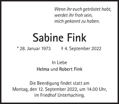 Traueranzeigen Von Sabine Fink SZ Gedenken De