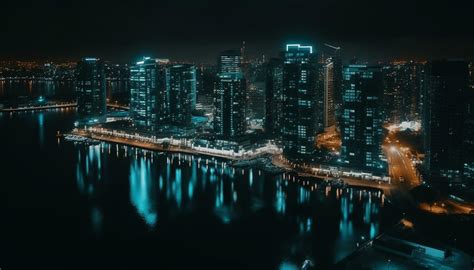 Illuminated City Skyline Reflects On Waterfront At Dusk Generated By Ai