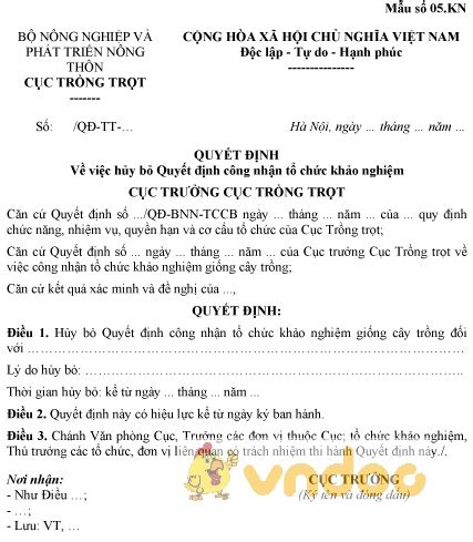 Mẫu quyết định về việc hủy bỏ Quyết định công nhận tổ chức khảo nghiệm