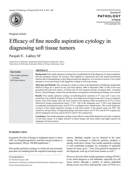 Pdf Efficacy Of Fine Needle Aspiration Cytology In Diagnosing Soft Tissue Tumors