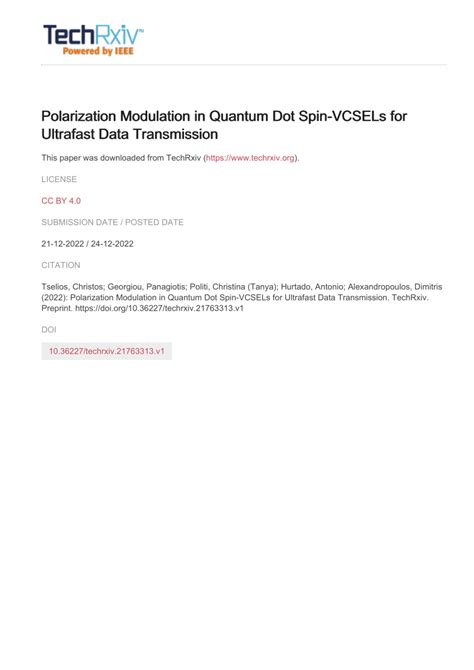 PDF Polarization Modulation In Quantum Dot Spin VCSELs For Ultrafast