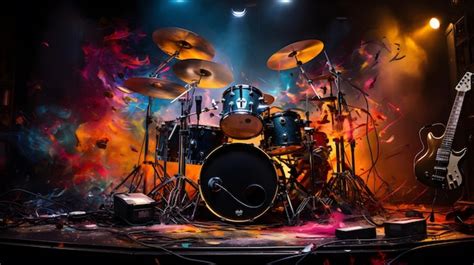 Premium Ai Image Arafed Drum Set On Stage With Smoke And Lights