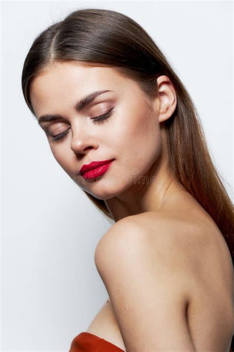 Girl Naked Shoulders Closed Eyes Red Lips Clear Skin Natural Look Stock