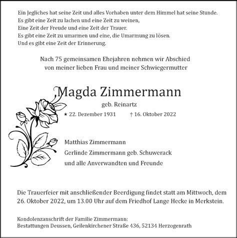 Traueranzeigen Von Magda Zimmermann Aachen Gedenkt