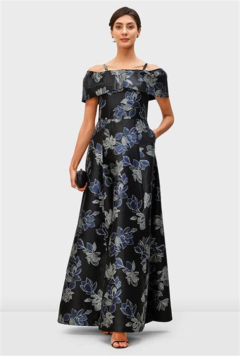 Shop Off The Shoulder Floral Print Dupioni Maxi Dress EShakti