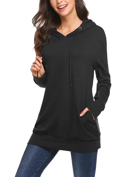 Women Casual Tunic Sweatshirt Dress Long Sleeve Pullover Hoodies W Pocket Black Cg1887t03dx