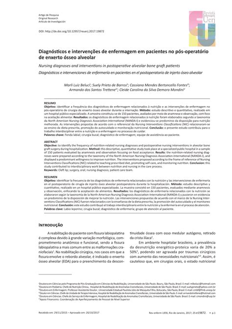 Pdf Diagnósticos E Intervenções De Enfermagem Em Pacientes No Pós