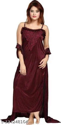 Satin Solid Maroon Wadbro Nighty Set With Robe Cap Sleeve At Rs 450