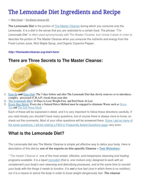 The Lemonade Diet Ingredients And Recipepdf Master Cleanse Lemonade