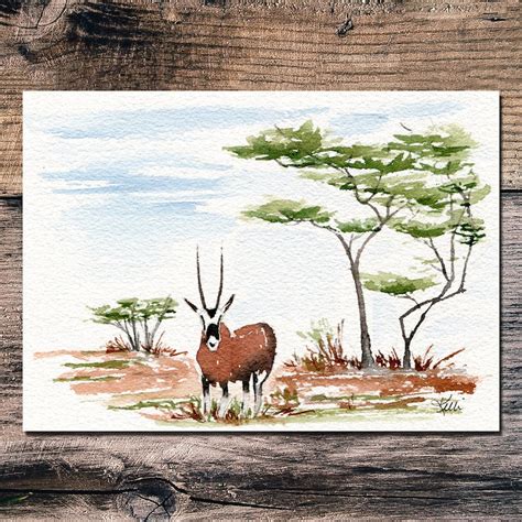 African Antelope Original Watercolor Painting Gemsbok Safari