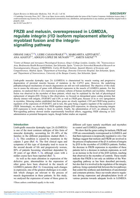 PDF FRZB and melusin overexpressed in LGMD2A regulate integrin β1D