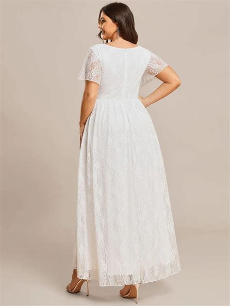 Plus Size Short Sleeve Ruffled V Neck A Line Lace Evening Dress In