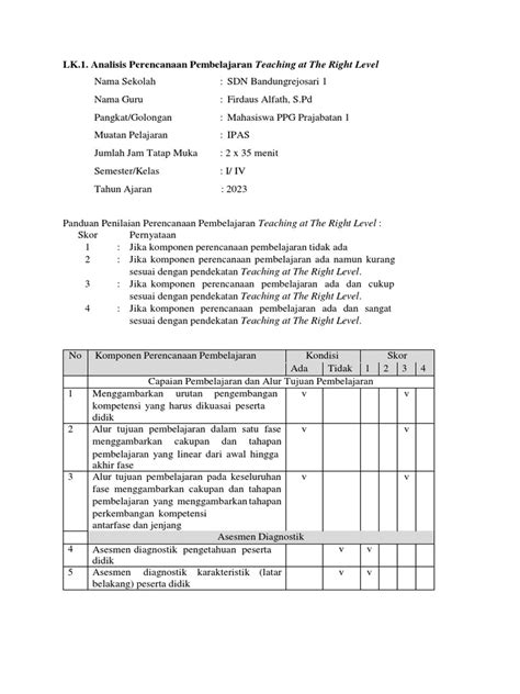 Lk 1 Analisis Perencanaan Pembelajaran Teaching At The Right Level Pdf