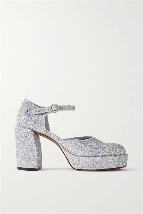 Phillip Lim Naomi Glittered Canvas Platform Mary Jane Pumps In