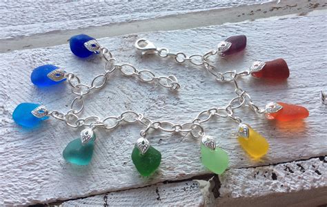 Rainbow Sea Glass Sterling Silver Charm Bracelet Etsy Glass Charm Bracelet Sterling Silver