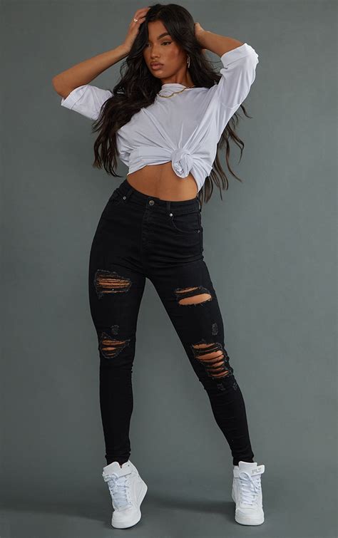 Plt Black Ripped 5 Pocket Skinny Jeans Denim Prettylittlething Ire