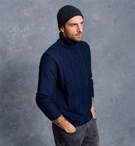 Navy Italian Wool And Cashmere Aran Turtleneck Sweater By Proper Cloth