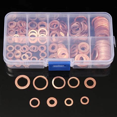 200pcs Copper Washers Gasket Set Flat Ring Seal Assortment Kit M5 M14