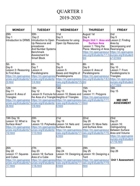 1st Quarter Math 6 Calendar | PDF | Area | Elementary Mathematics