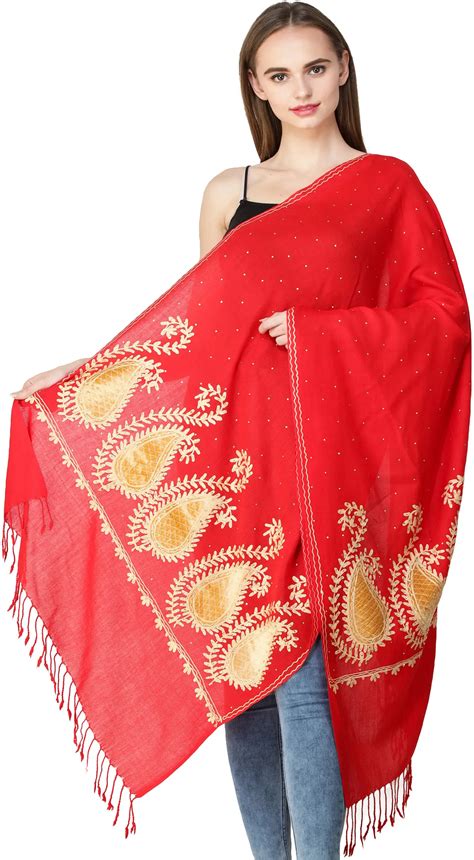 Stole From Amritsar With Aari Embroidered Paisleys On Border And