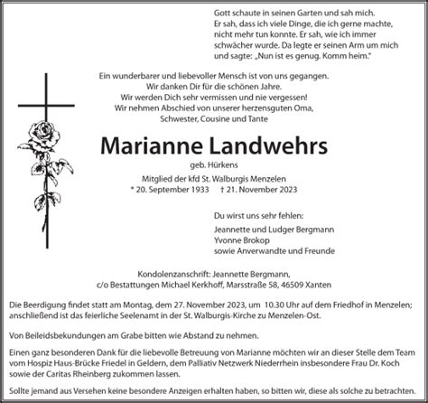 Traueranzeigen Von Marianne Landwehrs Niederrhein Nachrichten