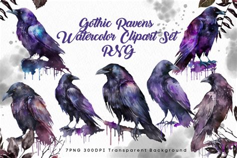 Gothic Ravens Watercolor Clipart Set Png Grafica Di Dhananach