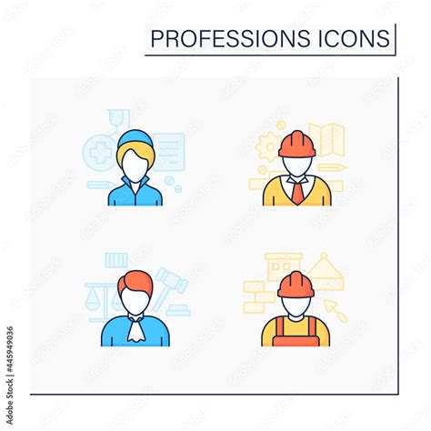 Professions Color Icons Set Nurse Engineer Judge And Builder