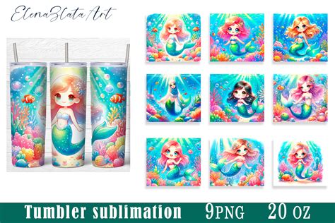 Cute Mermaid Tumbler Wrap Sublimation Graphic By Elenazlataart