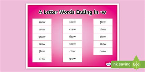 Letter Words Ending In W Word Mat Lehrer Gemacht