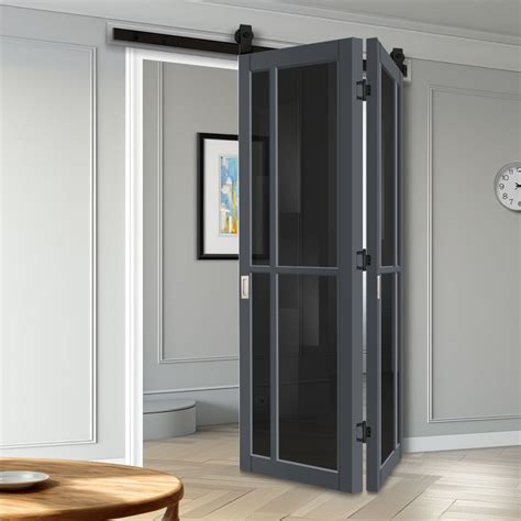 Spaceeasi Top Mounted Black Folding Track And Double Door Handcrafted