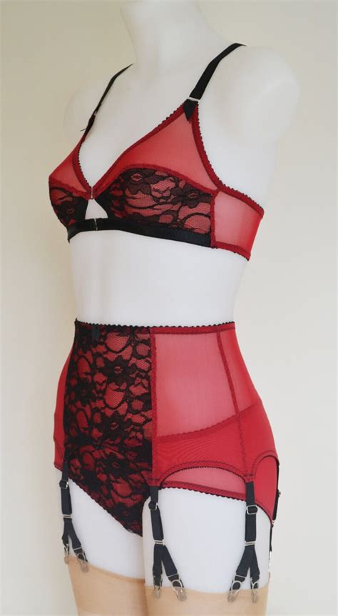 Suspender Garter Belt 6 Y Strap Red Mesh And Black Lace Etsy