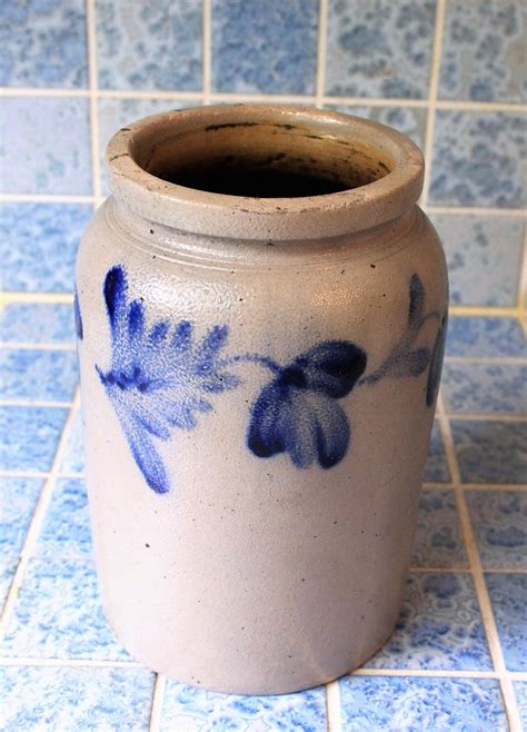 Antique Cobalt Blue Decorated Stoneware Crock Pava 1gal