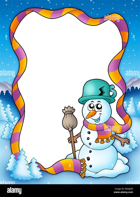 Winter Frame With Snowman And Trees Color Illustration Stock Photo