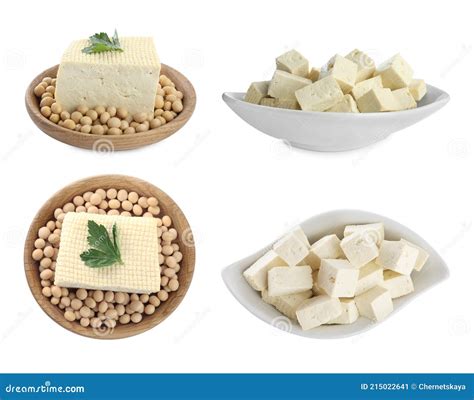 Set With Delicious Tofu On White Background Stock Image Image Of