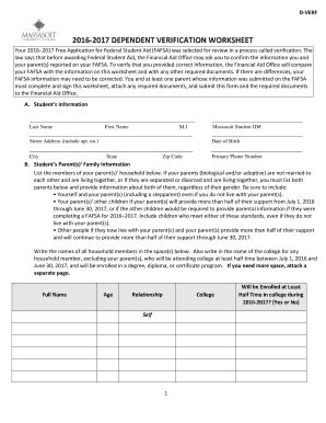 Fillable Online DVERF 20162017 DEPENDENT VERIFICATION WORKSHEET Your