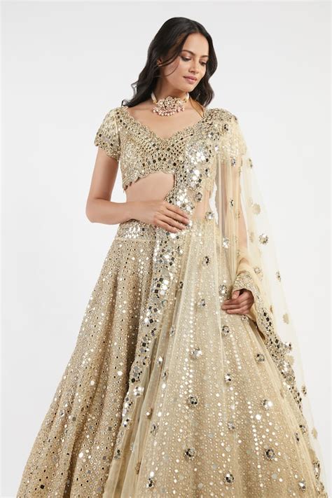 Buy Abhinav Mishra Beige Net Mirror Embellished Lehenga Set Online