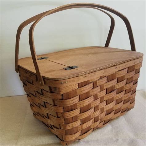 Vintage Picnic Basket With Dishes Extra Large Woven Wood Putney