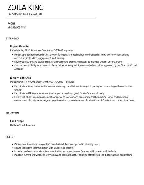 Secondary Teacher Resume Samples | Velvet Jobs