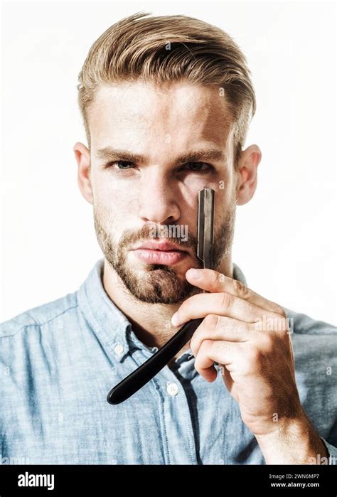 Barbershop Closeup Portrait Of Stylish Bearded Man With Straight Razor